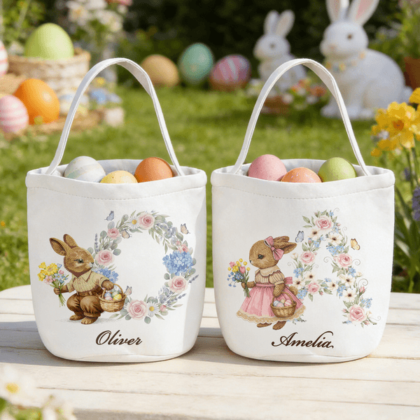 Personalized Cute Bunny Easter Eggs Floral Initial Large Capacity Canvas Easter Basket with Name Easter Day Gift for Boys Girls