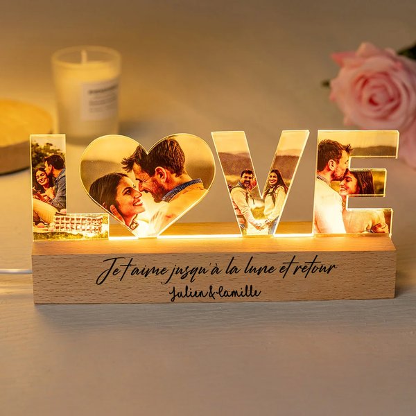 Veilleuse LED personnalisé avec 3-7 photos texte et nom - Photos collage découpées en forme de texte - Cadeau Saint-Valentin mariage pour couple