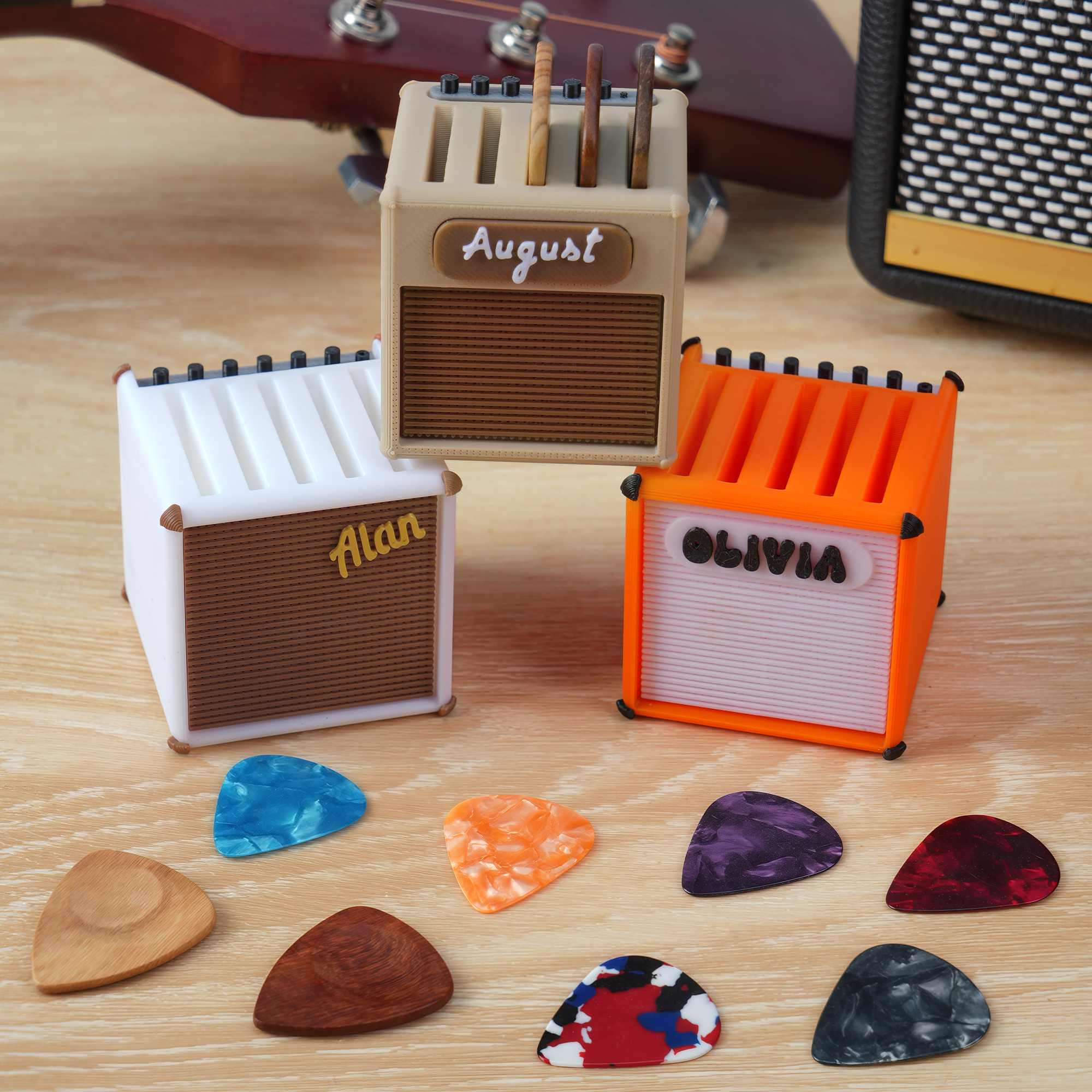 Boîte de rangement de pics de guitare personnalisée en forme d'ampli de guitare rétro imprimée en 3D avec nom Cadeau d'anniversaire pour musicien joueur de guitare