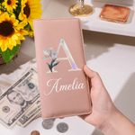 Personalized Pearl Effect Birth Flower  PU Leather Long Billfold Wallet with Name Daily Use Birthday Mother's Day Gift for Woman