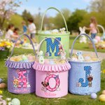 Personalized Cute Wreath Bunny Ears Cartoon Character Initial Plaid Easter Basket with Name Easter Day Eggs Hunting Gift for Kids
