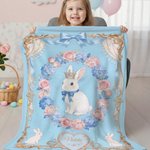 Coperta personalizzata con fiocco floreale, cornice, corona, coniglio, con nome, decorazione della stanza, regalo di compleanno e di Pasqua per bambini e bambine.