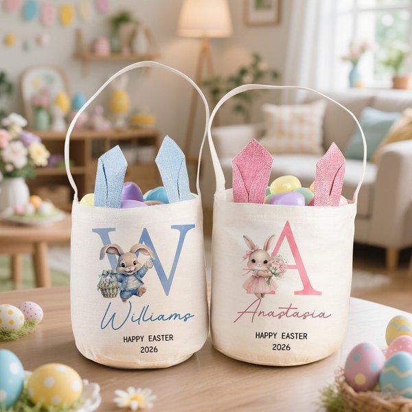 Personalisierte Floral niedlichen Hasen Initial Osterkorb mit Text Jahr und Name Ei Jagd Partei Ostern Geschenk für Kinder