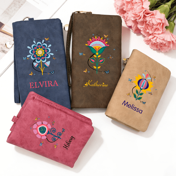 Personalized Folk Art Flower Portable PU Leather Wristlet Wallet with Card Holder and Name Mother's Day Birthday Gift for Women
