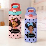 Personalized Polka Dot Cute Cartoon Black Girl Name 12 oz 16 oz Water Bottle with Straw and Handle Back to School Birthday Gift for Girls