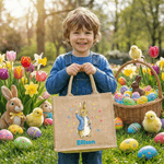 Personalized Cute Peter Rabbit Large Jute Tote Bag with Name Easter Party Gift for Kids