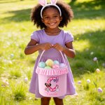 Personalized Cute Wreath Bunny Ears Cartoon Character Initial Plaid Easter Basket with Name Easter Day Eggs Hunting Gift for Kids