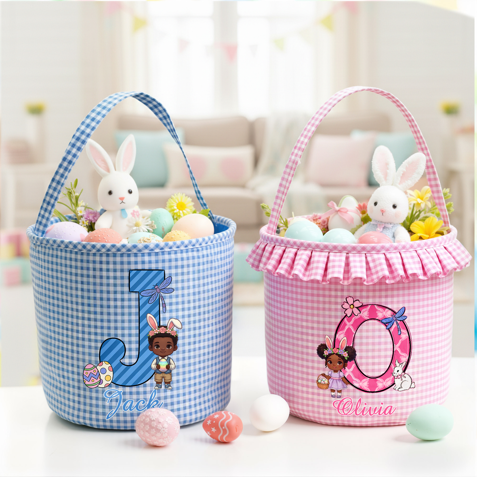 Panier de Pâques personnalisé avec nom et prénom Oreilles de lapin Cartoon Character Initial Plaid Easter Day Eggs Hunting Gift for Kids