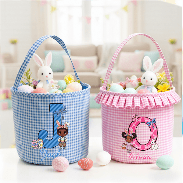 Personalized Cute Wreath Bunny Ears Cartoon Character Initial Plaid Easter Basket with Name Easter Day Eggs Hunting Gift for Kids