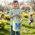 Personalized Cute Wreath Bunny Ears Cartoon Character Initial Plaid Easter Basket with Name Easter Day Eggs Hunting Gift for Kids