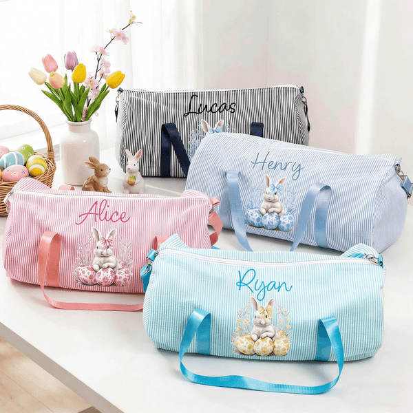 Personalized Watercolor Bow Bunny Easter Egg Striped Canvas Large Capacity Travel Bag with Name and Shoulder Strap Easter Gift for Kids