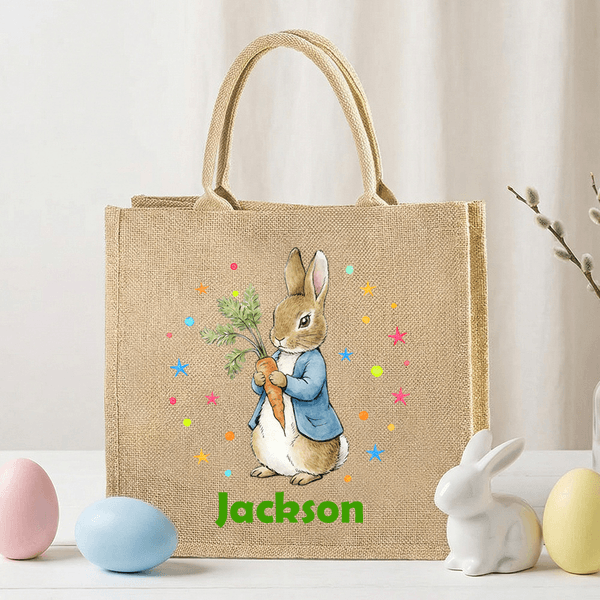 Personalized Cute Peter Rabbit Large Jute Tote Bag with Name Easter Party Gift for Kids