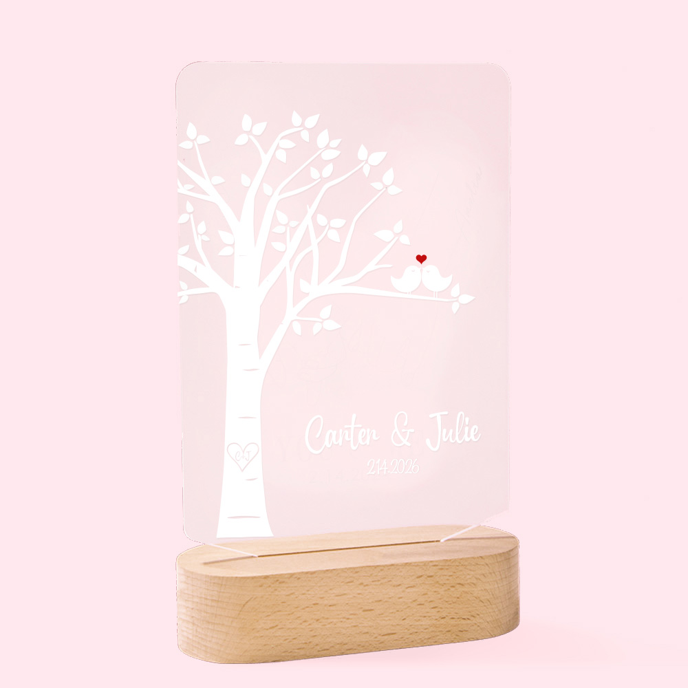 Veilleuse LED personnalisée Love Birds avec socle en bois et noms de couple Décoration de bureau Cadeau romantique pour la Saint-Valentin
