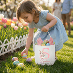 Personalisierte Floral niedlichen Hasen Initial Osterkorb mit Text Jahr und Name Ei Jagd Partei Ostern Geschenk für Kinder