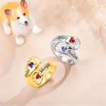 Personalized Dog Paw Double Heart Birthstones Sterling Silver Ring with Name Dainty Jewelry Birthday Memorial Remembrance Gift for Women Pet Lovers