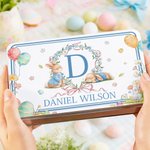Personalised Cute Bunny Wreath Easter Egg Biscuit Tin Box with Text Storage Accessories Easter Party Gift for Boys Girls