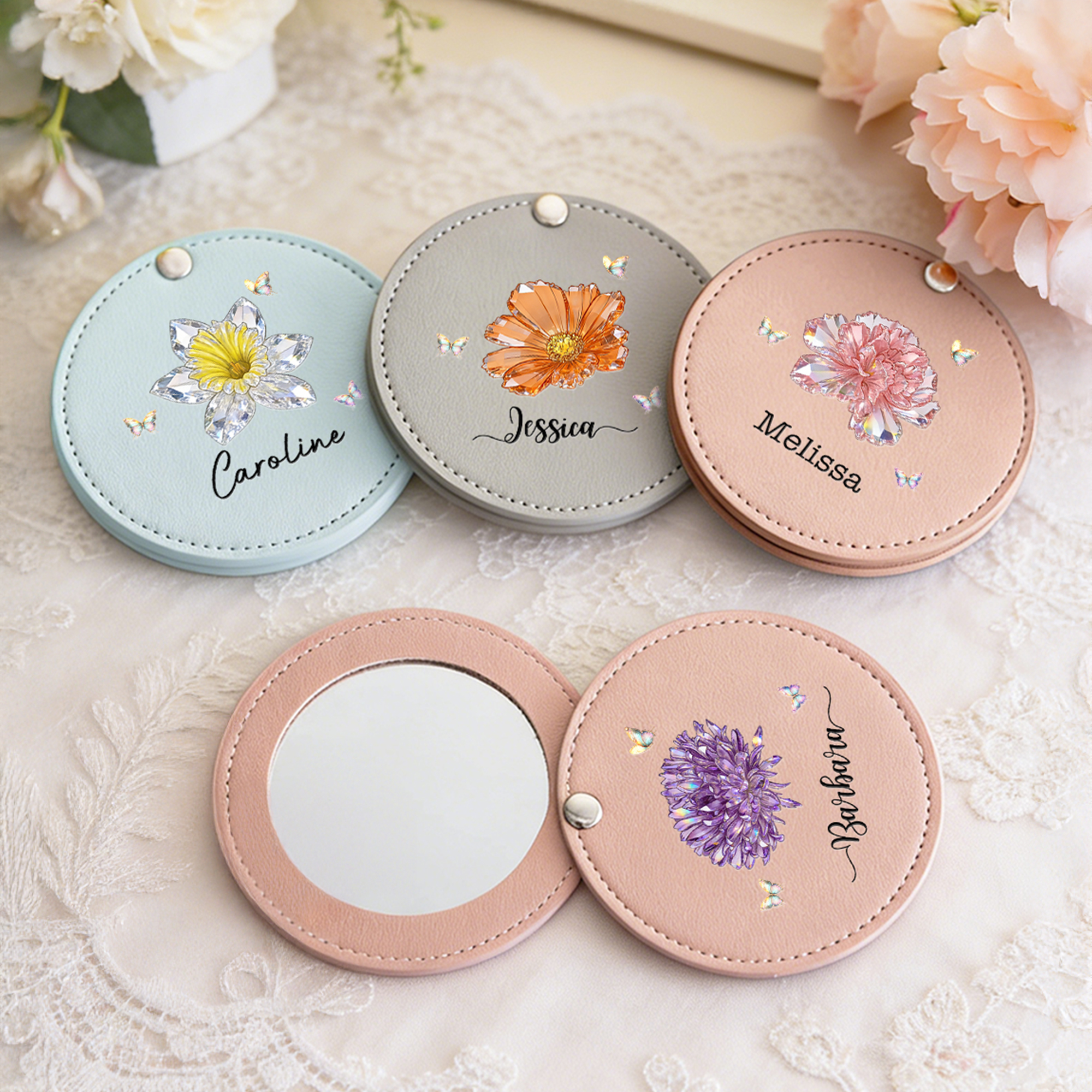 Miroir de maquillage en cuir PU avec nom, cristal, fleur de naissance, papillon, cadeau d'anniversaire de St-Valentin pour femmes