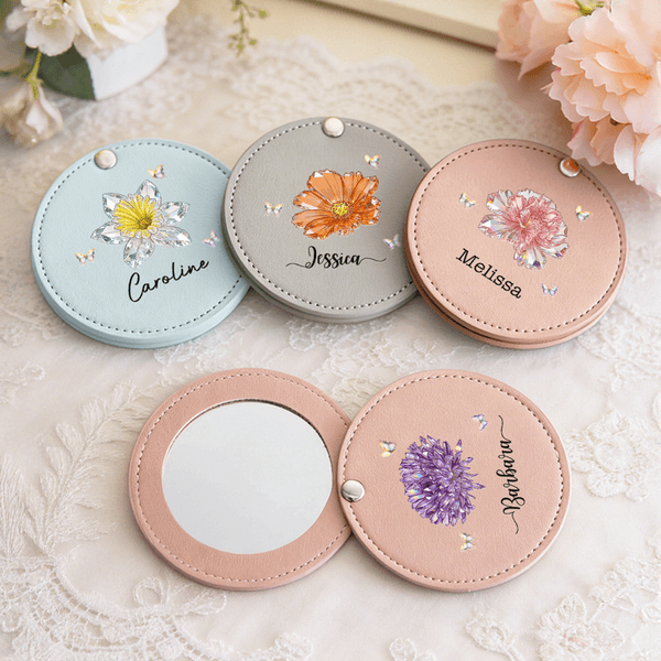 Personalized Crystal Birth Flower Butterfly PU Leather Makeup Mirror with Name Valentine's Day Birthday Anniversary Gift for Women