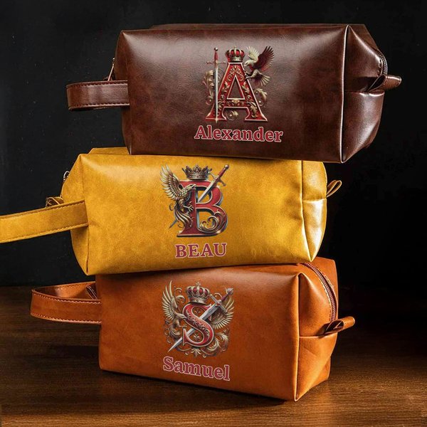 Personalized Royal Heraldic Alphabet PU Leather Toiletry Bag with Name and Initial Travel Accessories Birthday Gift for Man