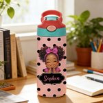 Personalized Polka Dot Cute Cartoon Black Girl Name 12 oz 16 oz Water Bottle with Straw and Handle Back to School Birthday Gift for Girls