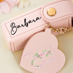 Personalized Heart-Shaped Mirror Floral PU Leather Lipstick Case Keychain with Name and Initial Wedding Birthday Gift for Bridesmaids Best Friends