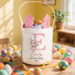 Personalisierte Floral niedlichen Hasen Initial Osterkorb mit Text Jahr und Name Ei Jagd Partei Ostern Geschenk für Kinder