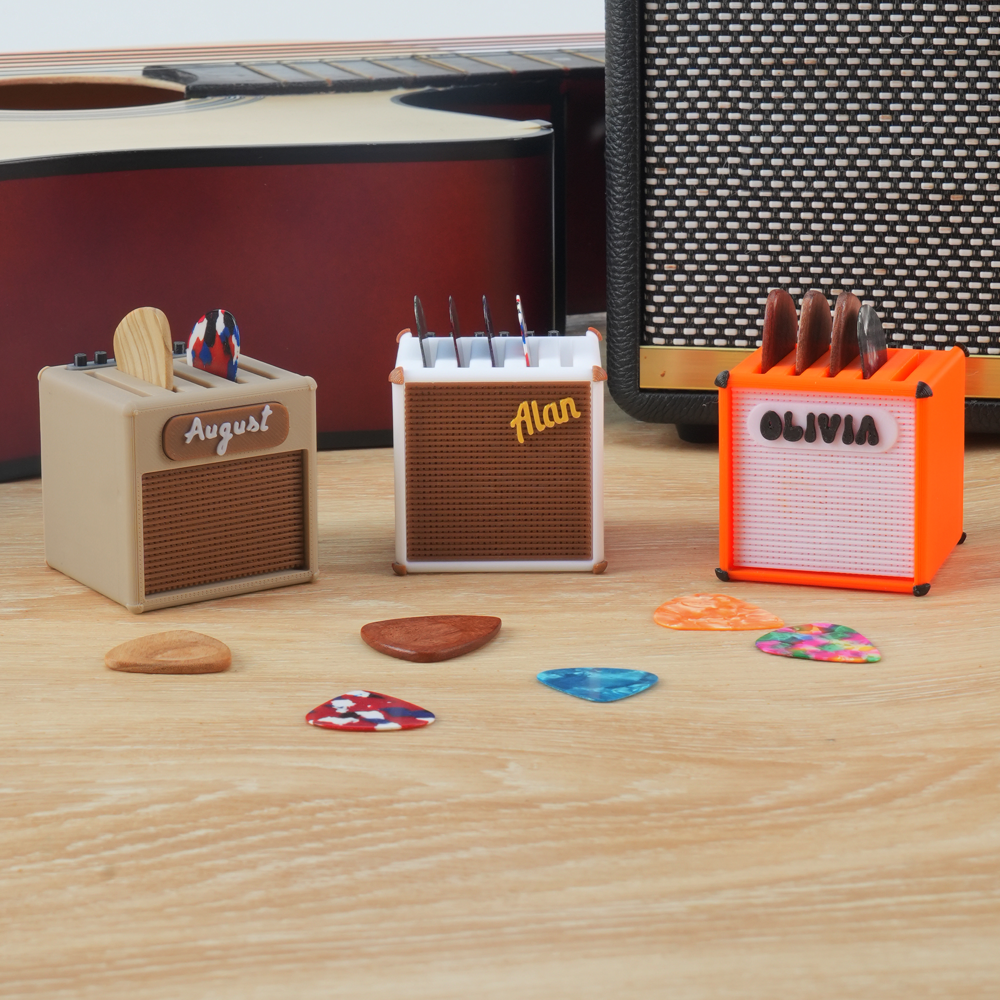 Personalizzato 3D stampato Retro Guitar Amp forma Guitar Picks Storage Box con nome regalo di compleanno per il musicista Guitar Player