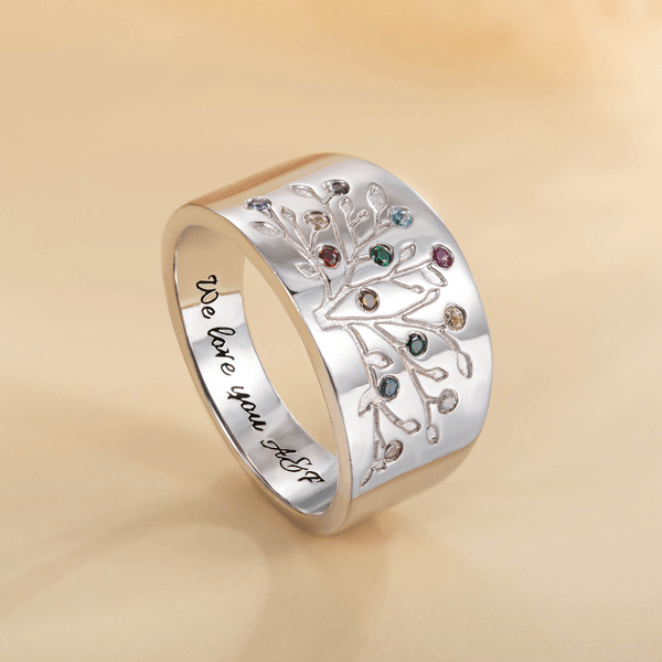 Sterling Silver Family Tree Ring with Birthstones - Engraved Jewelry for Grandma/Mom