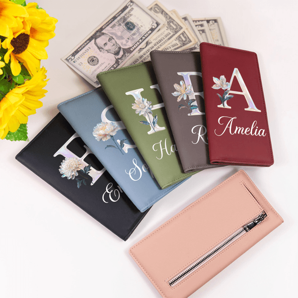 Personalized Pearl Effect Birth Flower  PU Leather Long Billfold Wallet with Name Daily Use Birthday Mother's Day Gift for Woman
