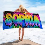 Asciugamano da spiaggia personalizzato con stampa splatter e design Graffiti, ad asciugatura rapida, con nome, regalo di compleanno per bambini amanti dei graffiti.