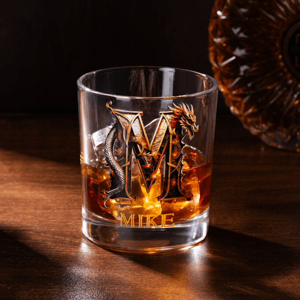 Personalized Dragon Initial Name 10 oz Old Fashioned Rock Whiskey Glass Birthday Father's Day Gift for Man Bartender Whiskey Enthusiast