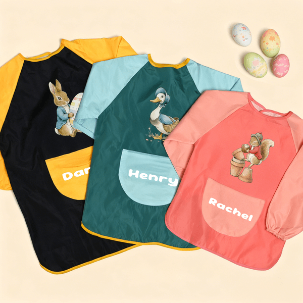 Personalized Peter Rabbit Egg Duck Sheep Waterproof Painting Baking Long Sleeve Apron with Name and Pocket Outdoor Activities Easter Gift for Kids