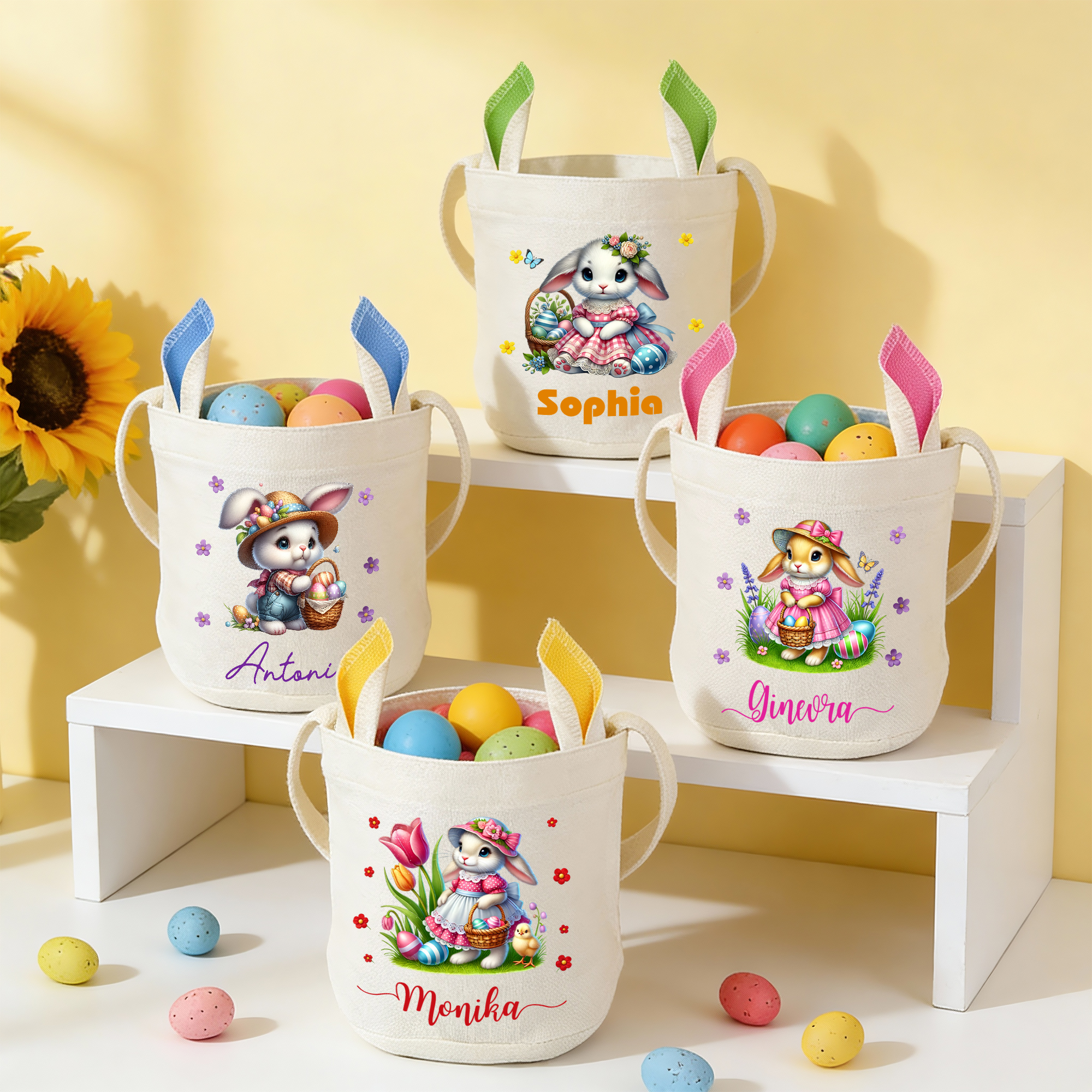 Panier de Pâques personnalisé avec nom et oreilles de lapin Accessoires de chasse aux oeufs Cadeau de Pâques pour enfants