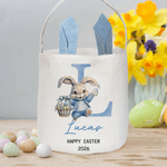 Personalisierte Floral niedlichen Hasen Initial Osterkorb mit Text Jahr und Name Ei Jagd Partei Ostern Geschenk für Kinder