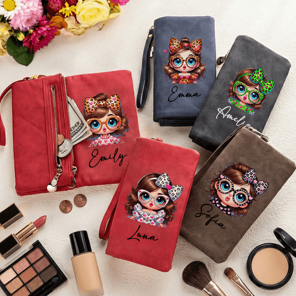 Personalized Leopard Print Bow Cute Girl PU Leather Wristlet Tri-Fold Wallet with Name Valentine's Day Anniversary Gift for Women