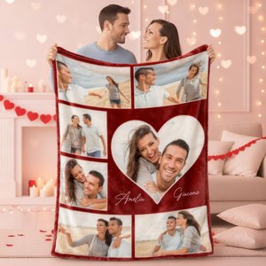 Coperta personalizzata con nomi e 5-9 foto, motivo a cuore - Regalo di San Valentino o anniversario per coppie