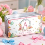 Personalised Cute Bunny Wreath Easter Egg Biscuit Tin Box with Text Storage Accessories Easter Party Gift for Boys Girls