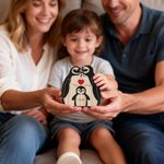 Personalised Wooden Black Penguin Family Red Heart Puzzle with 2-5 Engraved Names Home Decor Birthday Anniversary Gift for Family