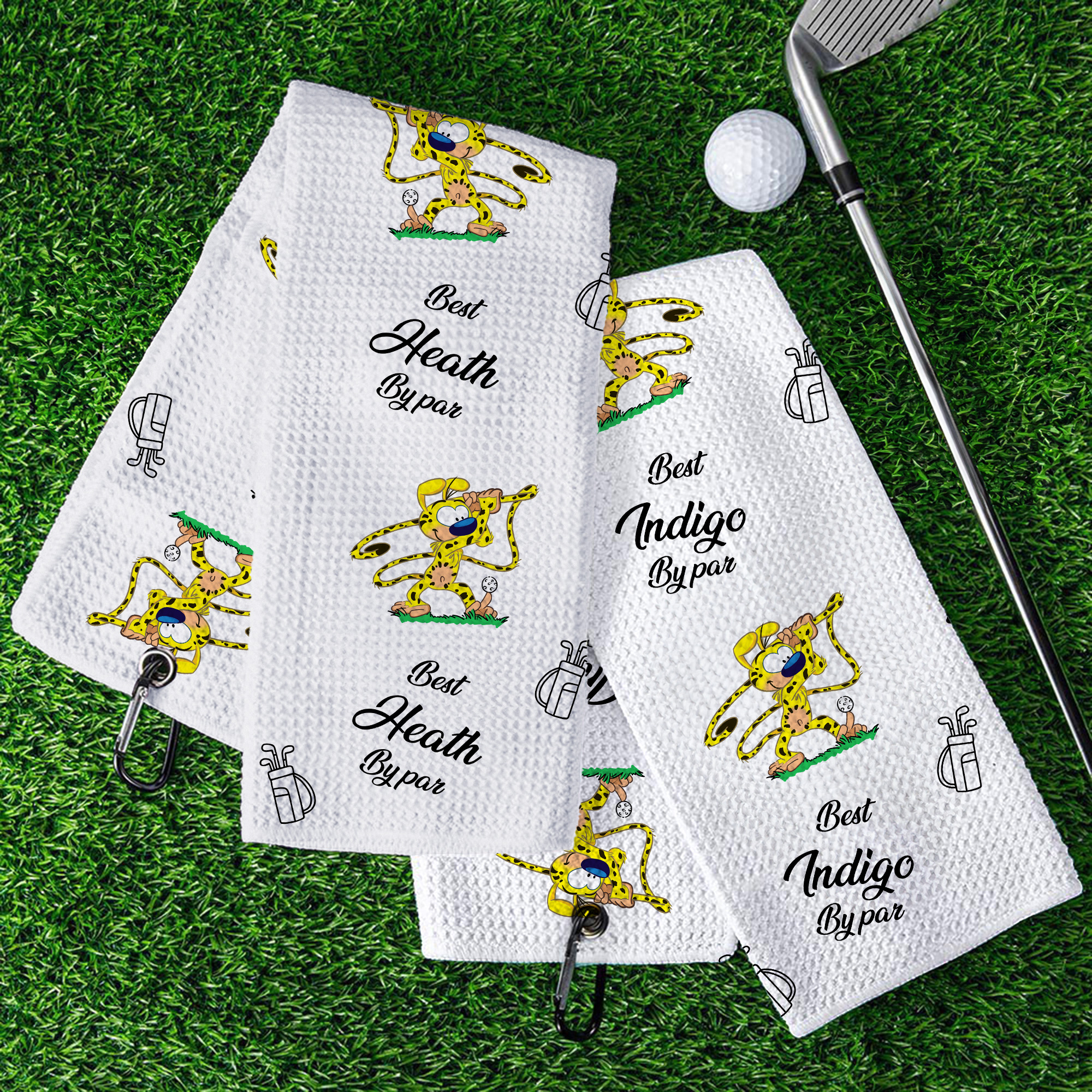 Serviette de golf absorbante avec nom et clip de suspension Cadeau d'anniversaire pour les amateurs de golf | Callie × Marsupilami®.