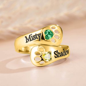 Personlig Dog Paw Double Heart Birthstones Sterling Silver Ring med navn Dainty Smykker Bursdag Memorial Remembrance Gave til kvinner kjæledyrelskere