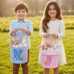 Personalized Cute Wreath Bunny Ears Cartoon Character Initial Plaid Easter Basket with Name Easter Day Eggs Hunting Gift for Kids