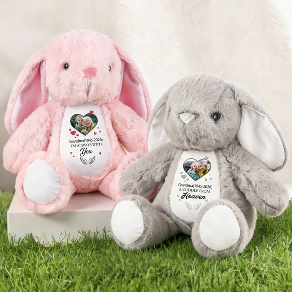 Personalized Cute Bunny Heart Photo Plush Stuffed Toy with Name Date and Text Easter Holiday Gift for Kids