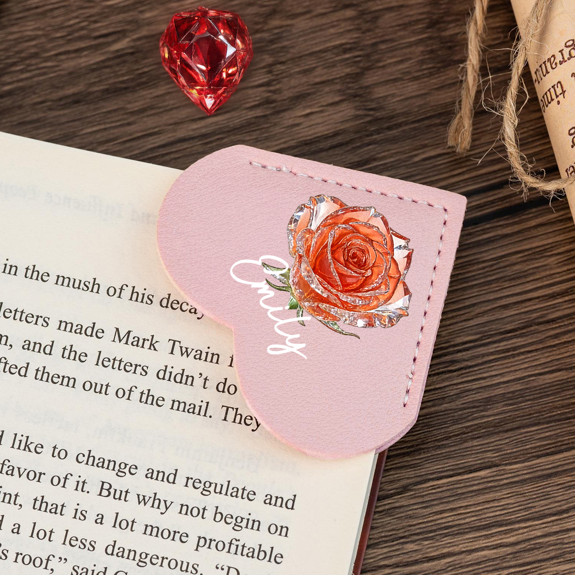 Marque-page en cuir PU avec fleur de naissance en cristal personnalisé avec nom et lecture Cadeau d'anniversaire pour les amoureux des livres
