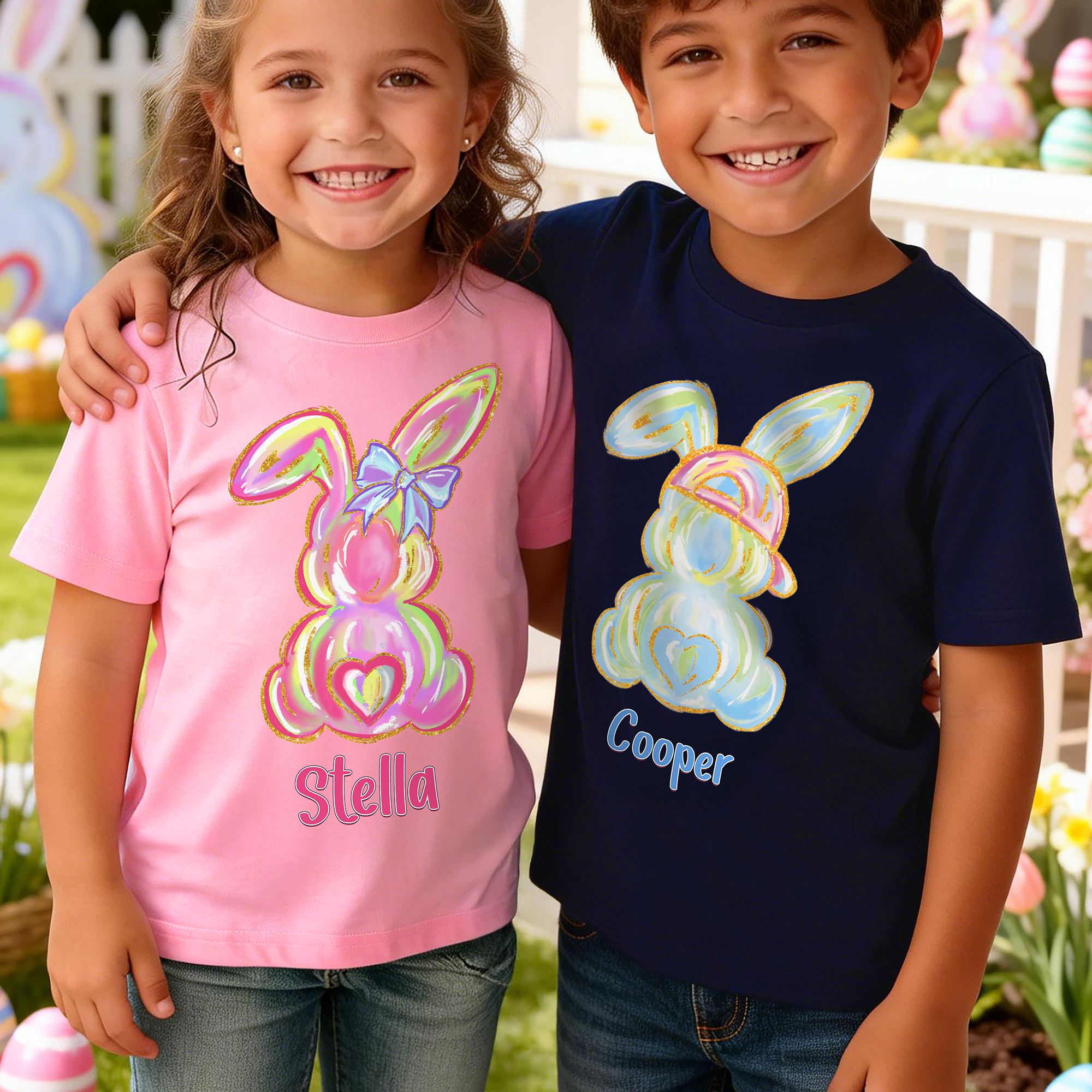 T-shirt enfant lapin fluorescent 100 % coton avec nom Cadeau de Pâques pour les tout-petits