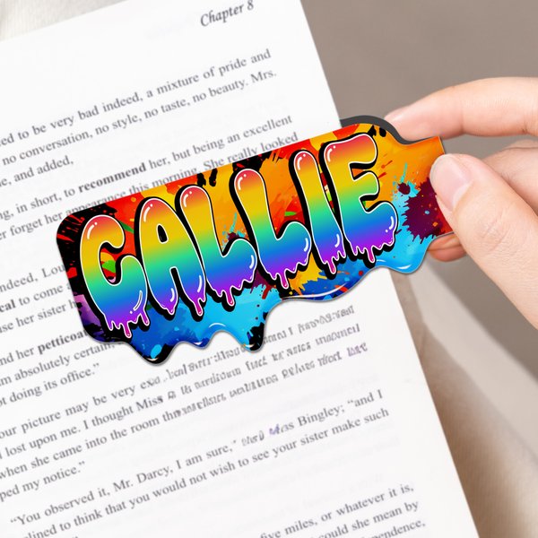 Segnalibro magnetico personalizzato in stile graffiti, con nome gocciolante e arcobaleno, clip di lettura, accessorio di compleanno per gli amanti dei libri.