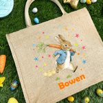 Personalized Cute Peter Rabbit Large Jute Tote Bag with Name Easter Party Gift for Kids