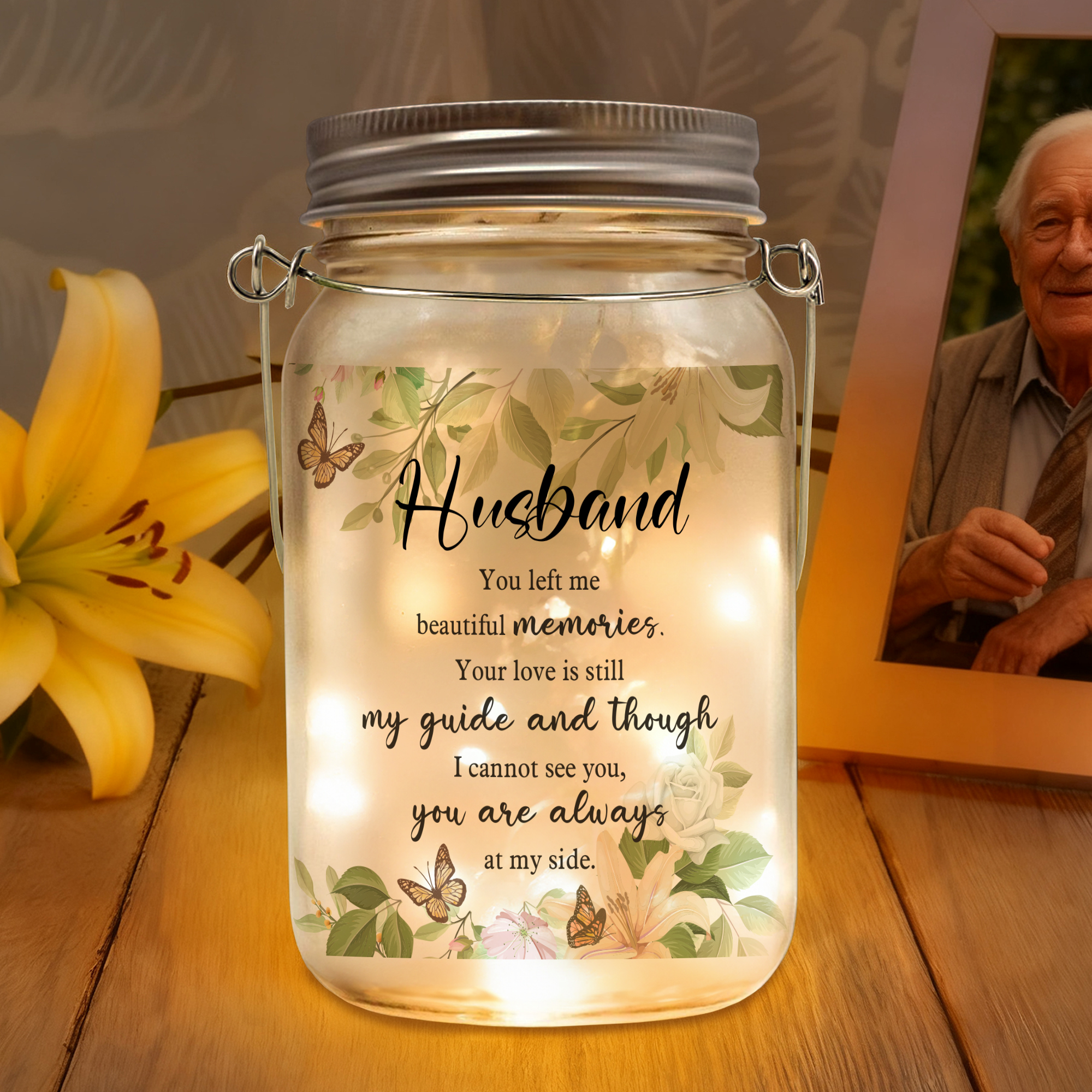 Veilleuse personnalisée en forme de papillon floral avec nom et texte Cadeau de sympathie pour la perte d'un père, d'une mère ou d'un membre de la famille