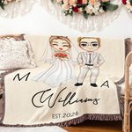 Personalized Cartoon Bride and Bridegroom Tassel Soft Throw Blanket with Family Name and Wedding Date Home Decor Valentine's Day Gift for Couples
