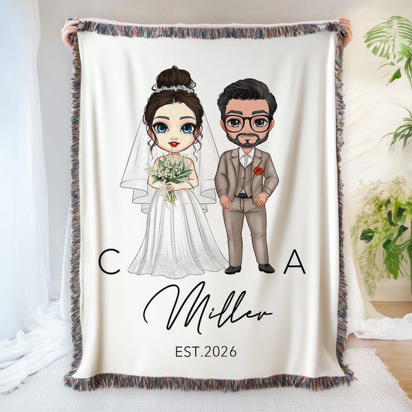 Henkilökohtainen Cartoon Morsian ja sulhanen Tassel pehmeä heittää peitto perheen nimi ja häät päivämäärä Home Decor Ystävänpäivä lahja pariskunnille