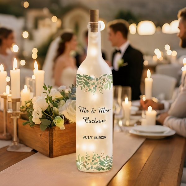 Personalized Eucalyptus Text & Date LED Night Light Frosted Bottle Lamp Valentine's Day Anniversary Wedding Gift for Newlyweds Couples